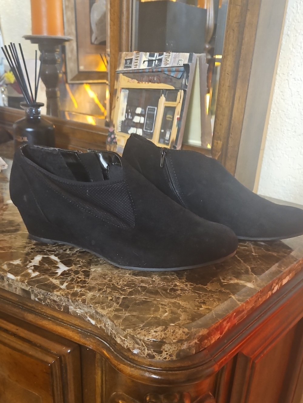 East 5th Black Suede Side-Zip Wedge Ankle Booties